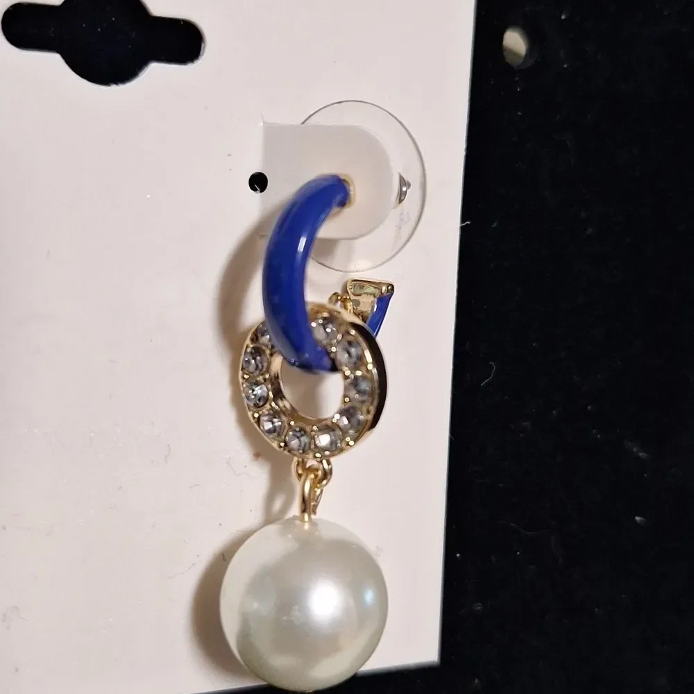 On 34th Gold-Tone Pave Blue Ring & Imitation Pearl Charm C-Hoop Earrings